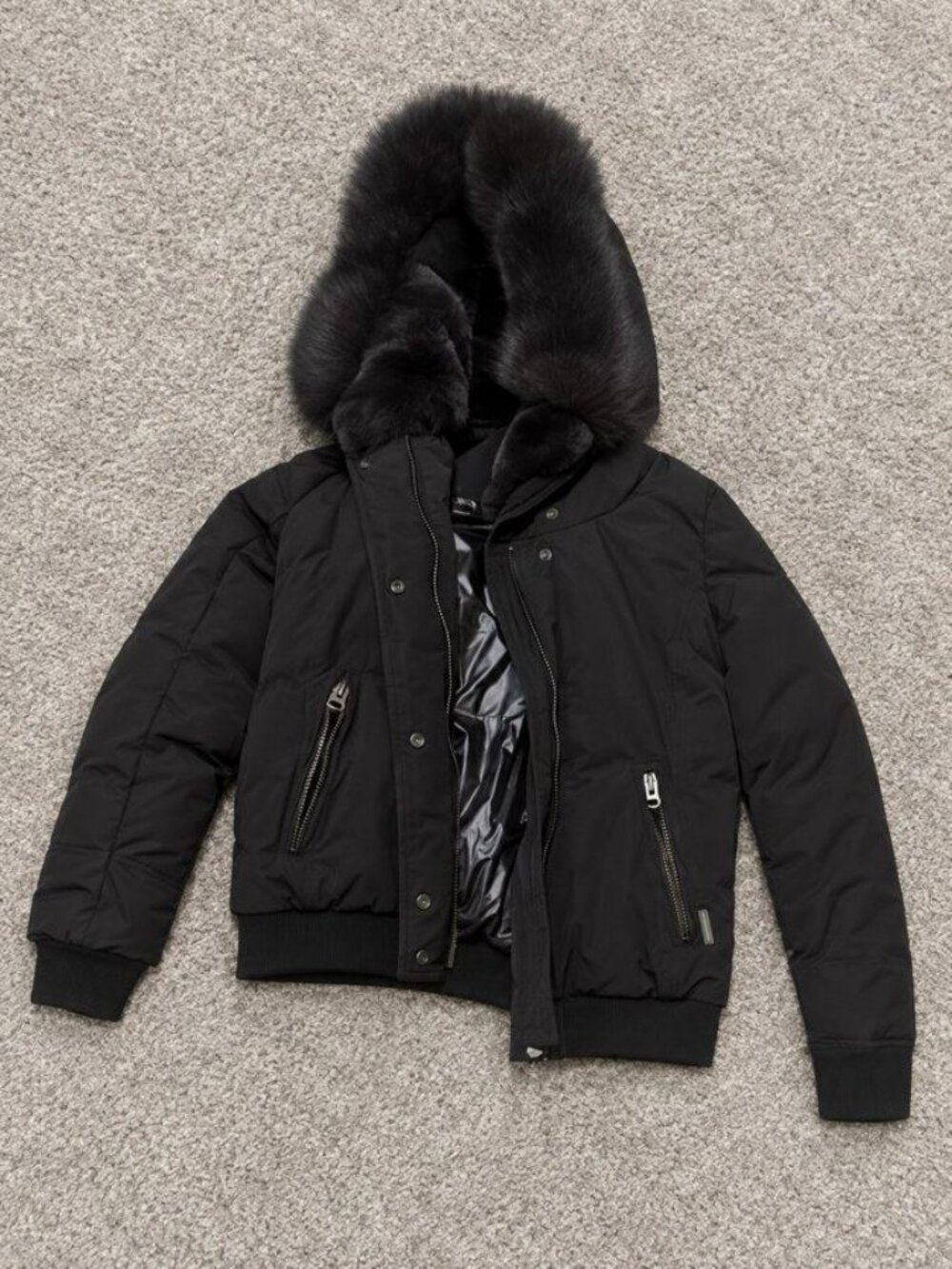 Woolrich Military Bomber Jacket Women XS Black Real Fur Hood Down